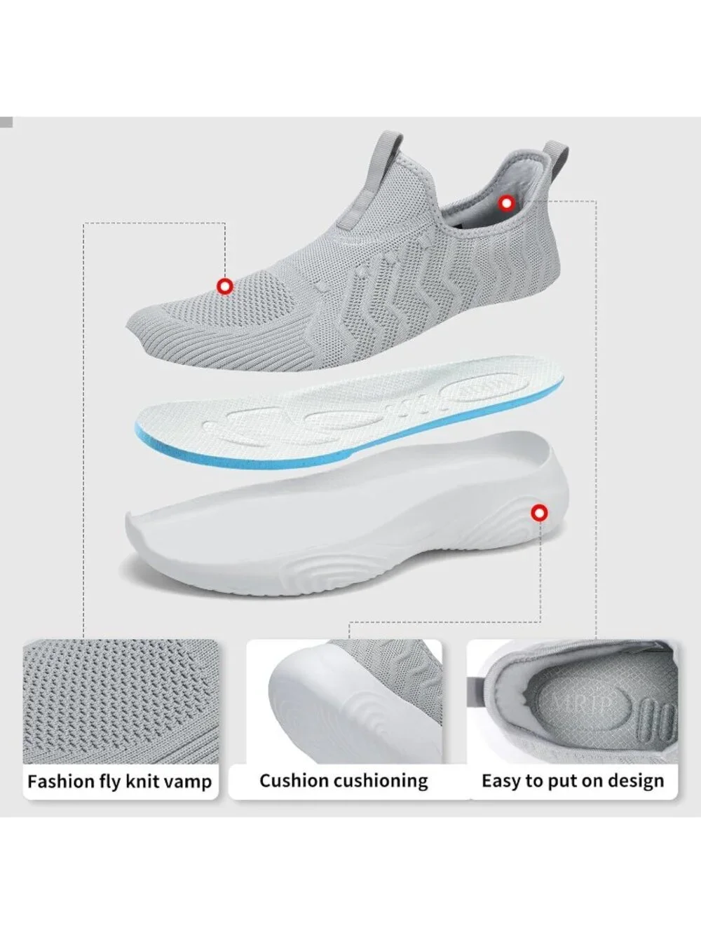 Men's Grey Slip On Walking Mesh Shoes Lightweight Comfortable Gym Running Shoes